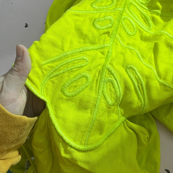 Farm Rio Monstera Midi Dress Maxi Linen Leaf Open Back Strappy Neon Highlighter - Picture 3 of 17